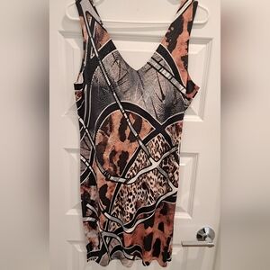 Printed V-Neck Midi Dress in Black and Brown